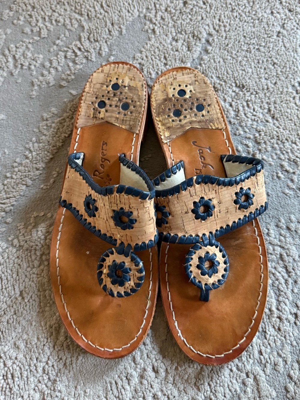 Jack Rogers Cork tan and Navy Leather Thong Sandals floral flip flops 8